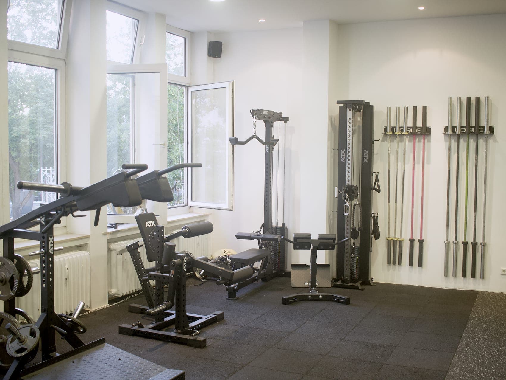 Die Geräteecke mit Langhantelwand und hohen Fenstern, auf der das Personal Training läuft